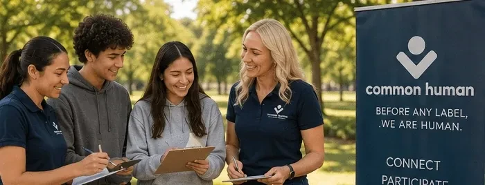 Common Human team members working alongside young people outdoors